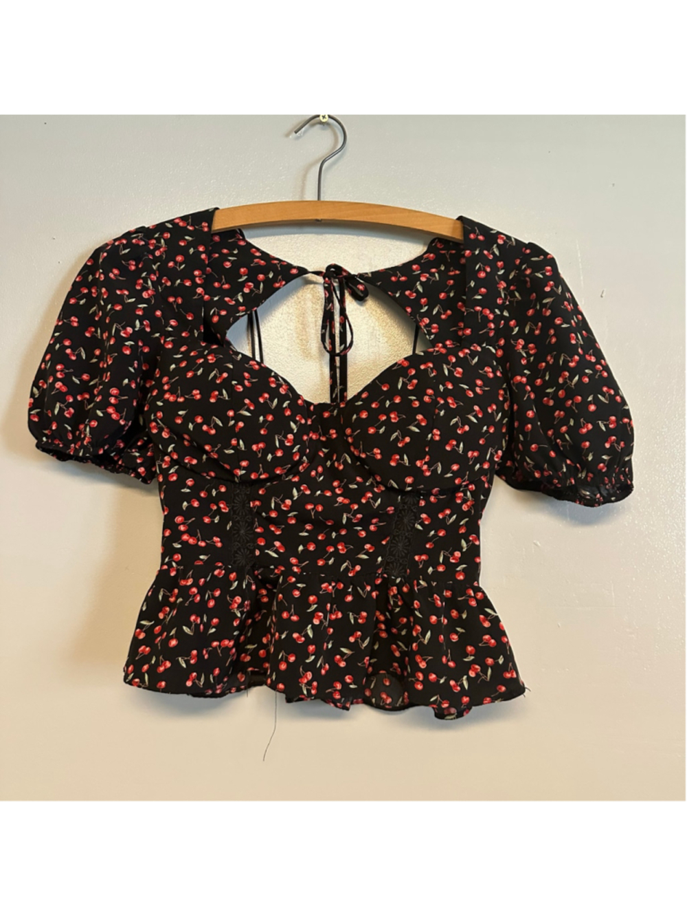 Milk & Honey Y2K Cherry Print Crop Top XS Black Red Babydoll Sweet Heart Peplum